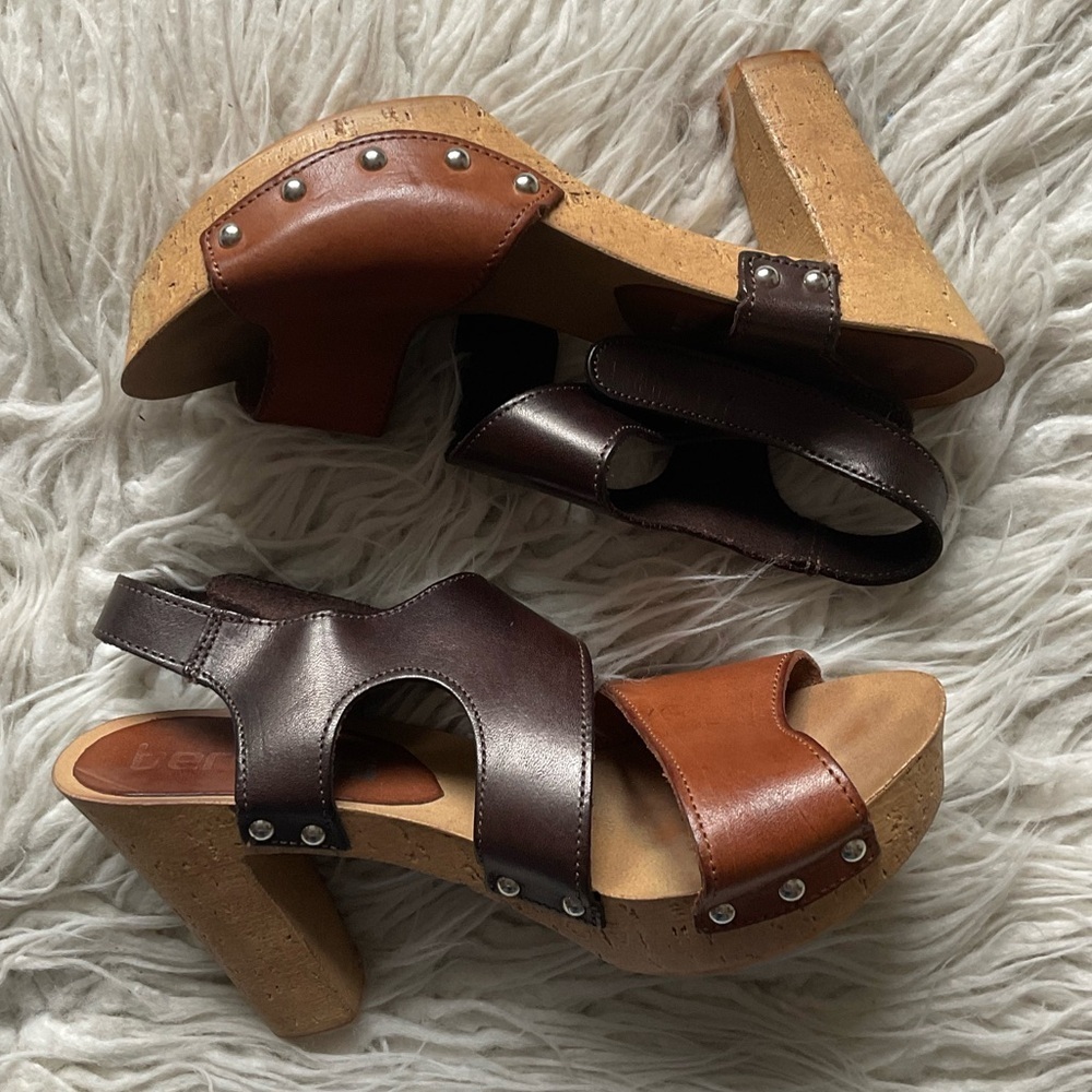 Bertuchi Brown Color Block Leather Cork Studded Strap Heeled Sandals EUC Size 38